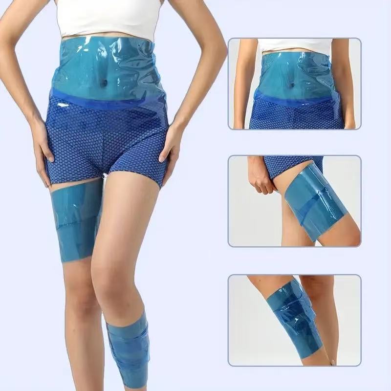 A model is shown wearing shiny blue thigh-high compression sleeves with matching blue patterned shorts and a white crop top. Three inset close-up panels on the right show different angles of the blue thigh-high sleeves.