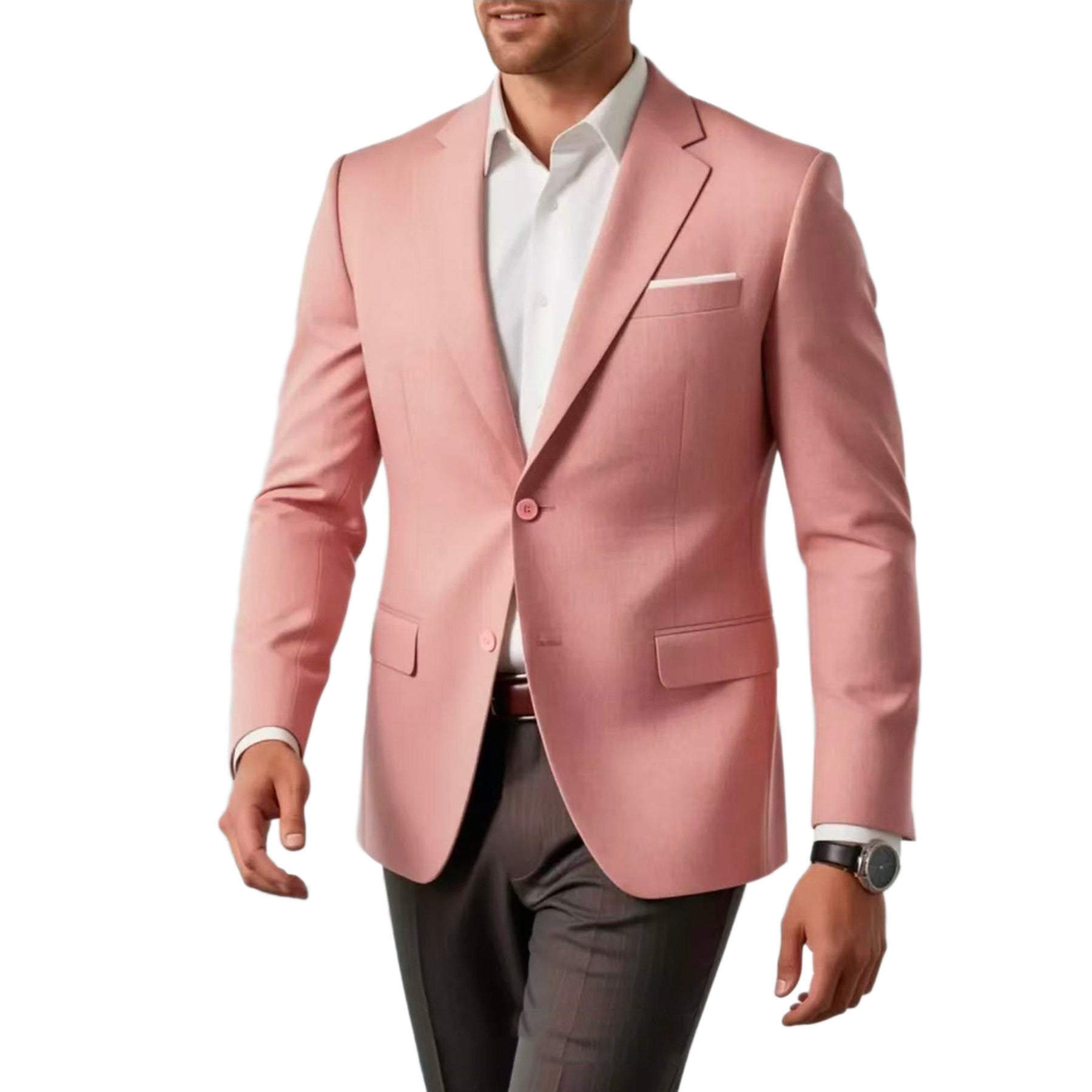 Pink blazer worn by a person on a white background