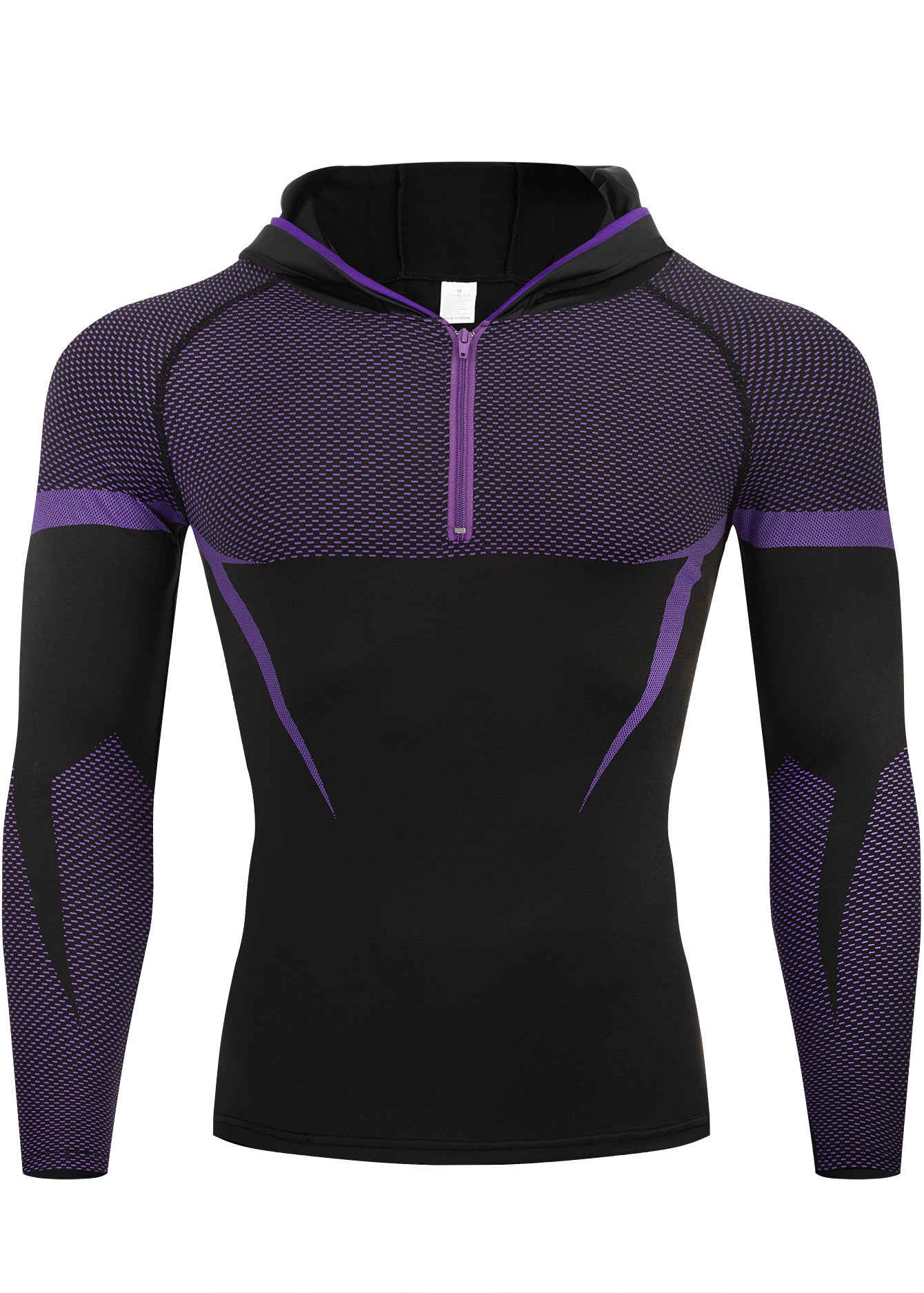 A men's long-sleeve athletic compression hoodie in black and purple, featuring a half-zip neckline, a textured mesh pattern on the upper chest and sleeves, and a solid black lower torso.