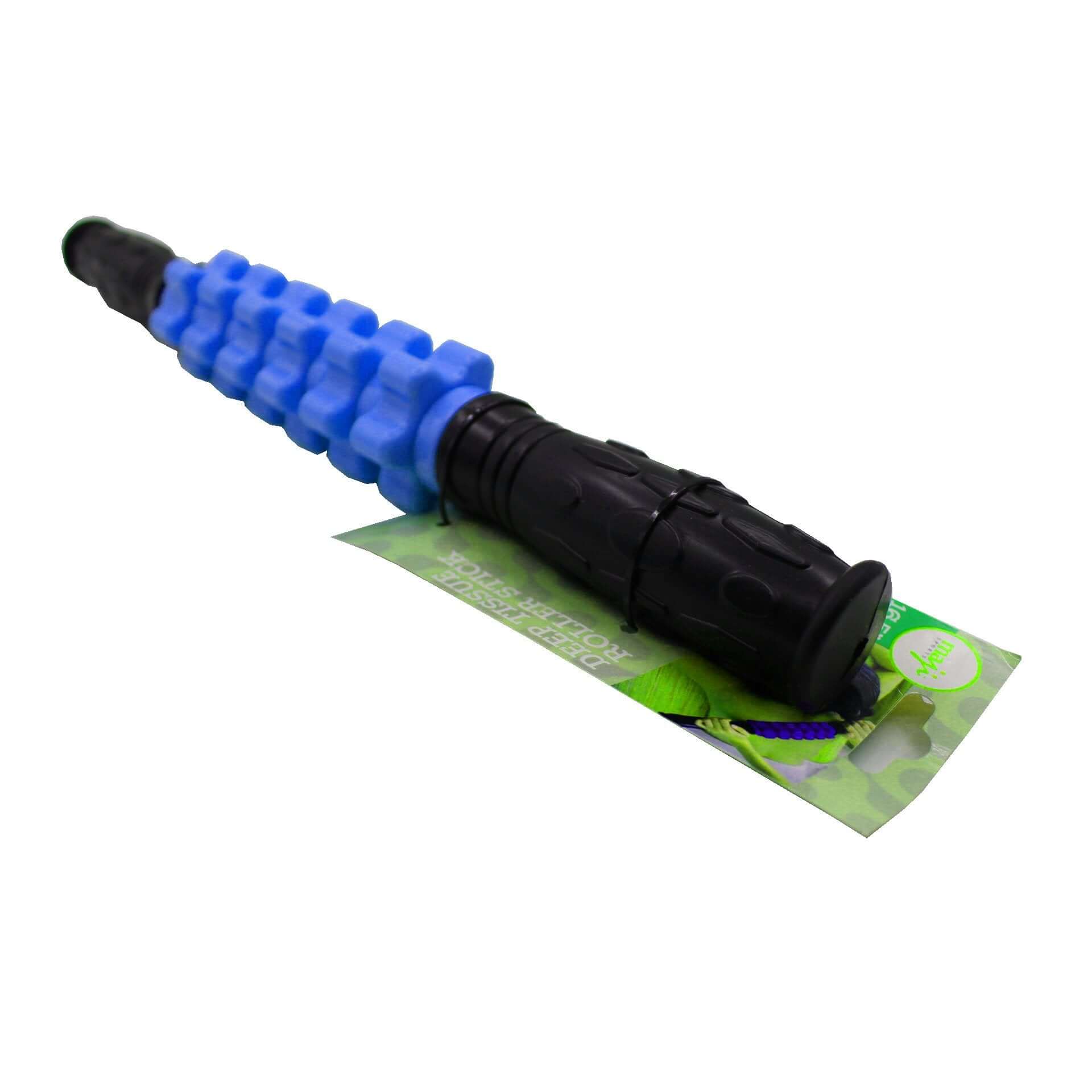 Blue and black foam roller on a white background