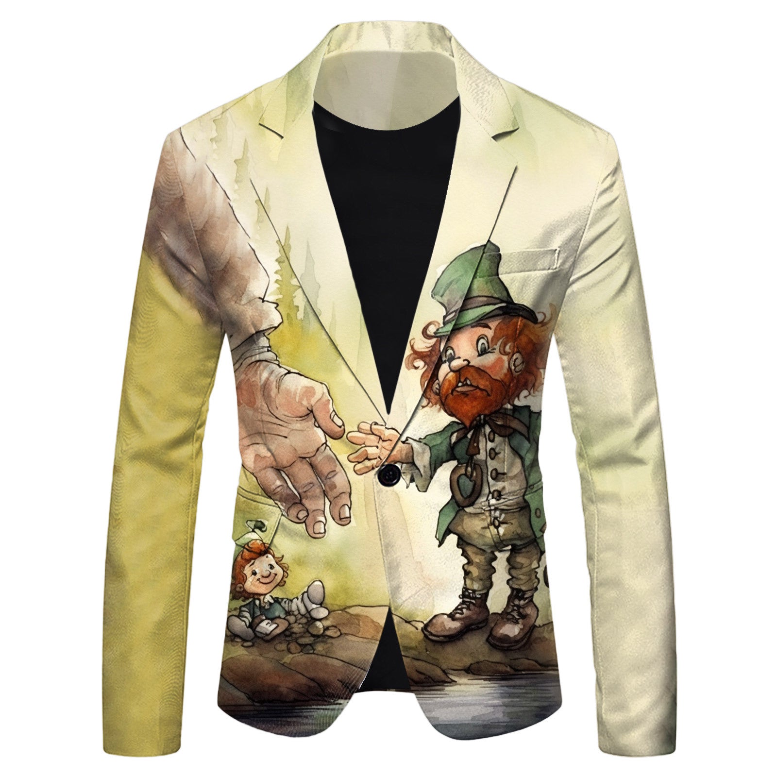 Beige blazer with a graphic of a gnome and a hand on a white background