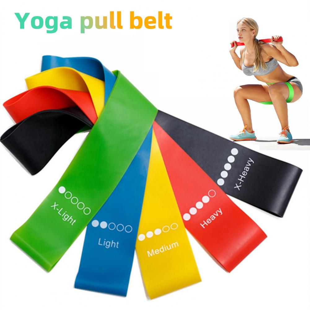 Set of colorful yoga pull belts with labels on a white background, featuring a woman exercising.