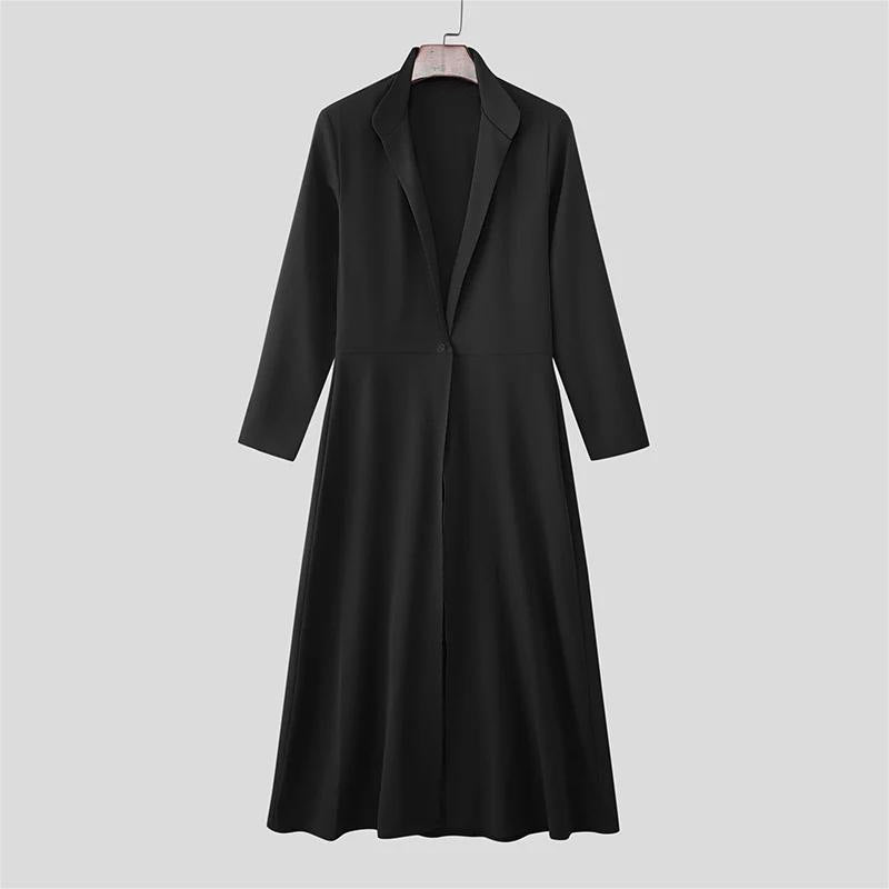 A black long-sleeve midi dress with a notched lapel collar, displayed on a wooden hanger against a solid light gray background.