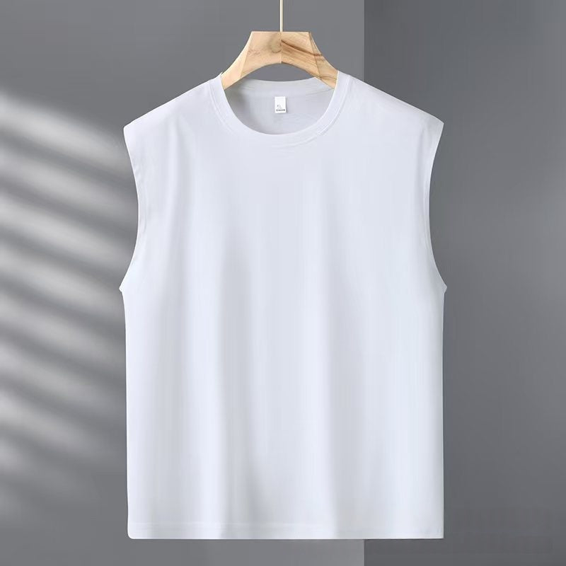 White sleeveless shirt on a wooden hanger against a gray background
