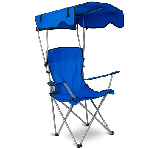 Blue camping chair with canopy on a white background