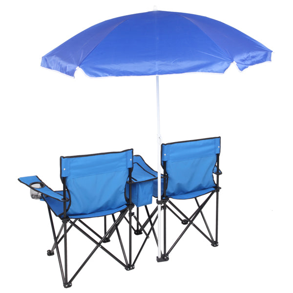 Two blue folding chairs with a matching umbrella on a white background