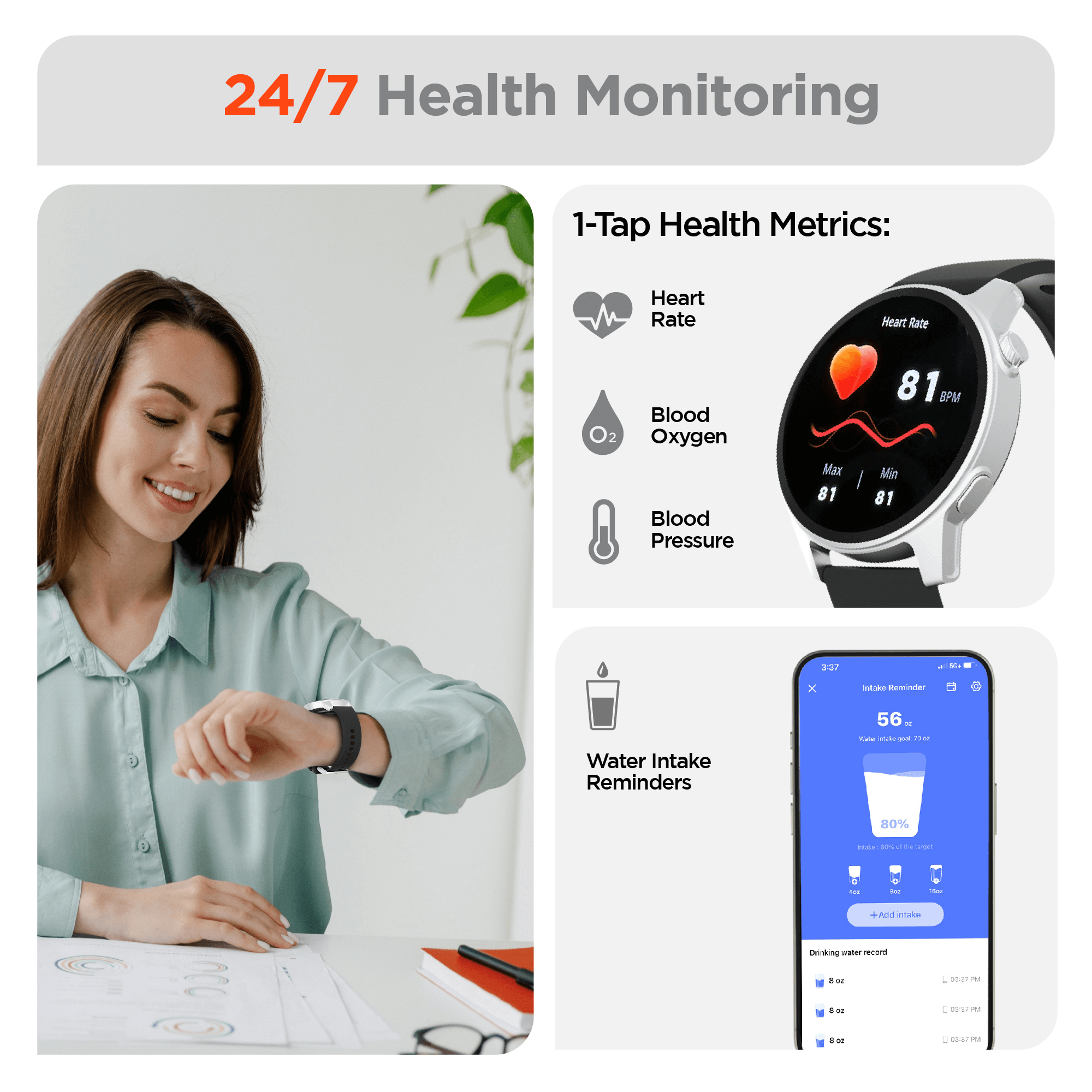 Smartwatch with health monitoring features and a woman using it, along with app interface on a white background.