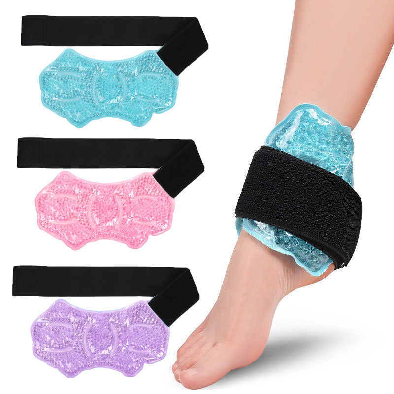 Gel ice pack on a foot with black straps, shown with additional gel packs in blue, pink, and purple.