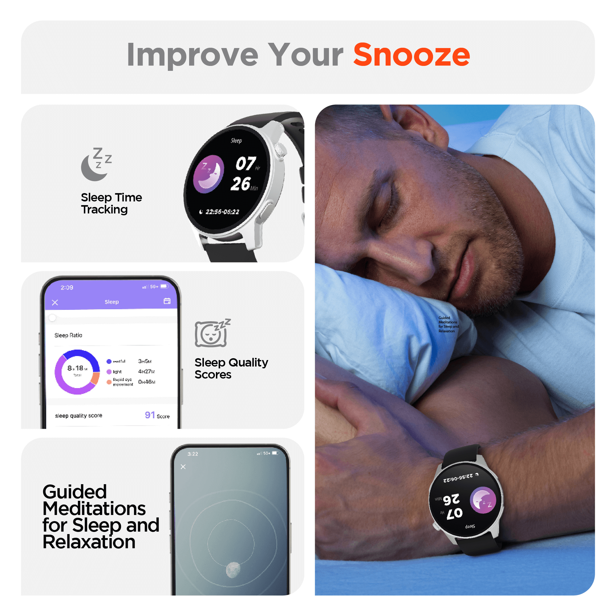 Smartwatch and smartphone app for sleep tracking with a person sleeping in the background.