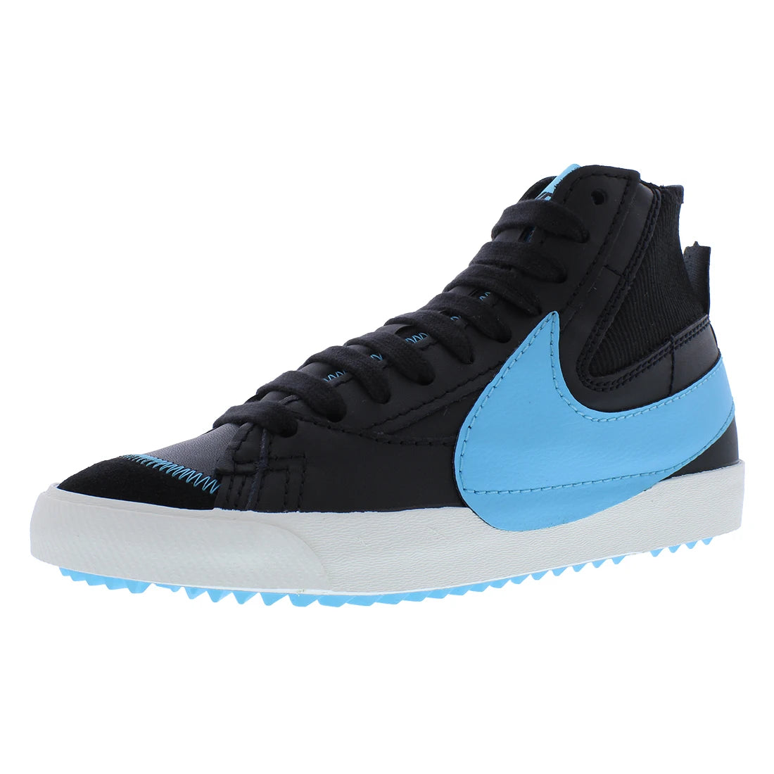 A high-top Nike golf shoe featuring a black upper with a prominent light blue swoosh, black laces, and a white sole with light blue spike details, shown against a plain white background.