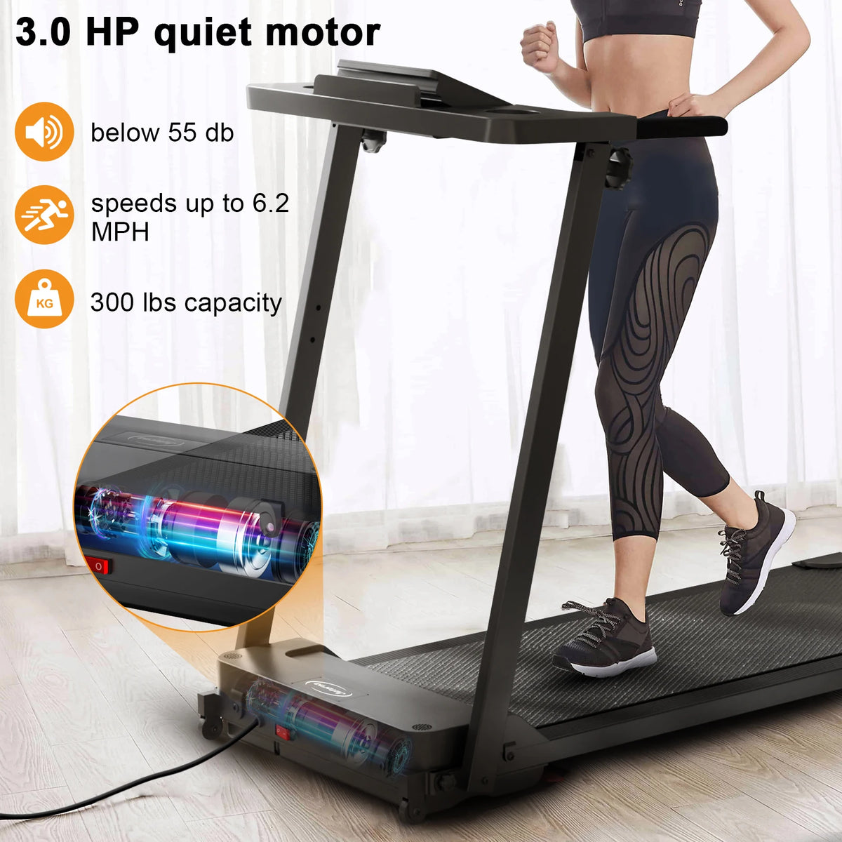 Woman using a treadmill beside a motor illustration and supplier performance labels.