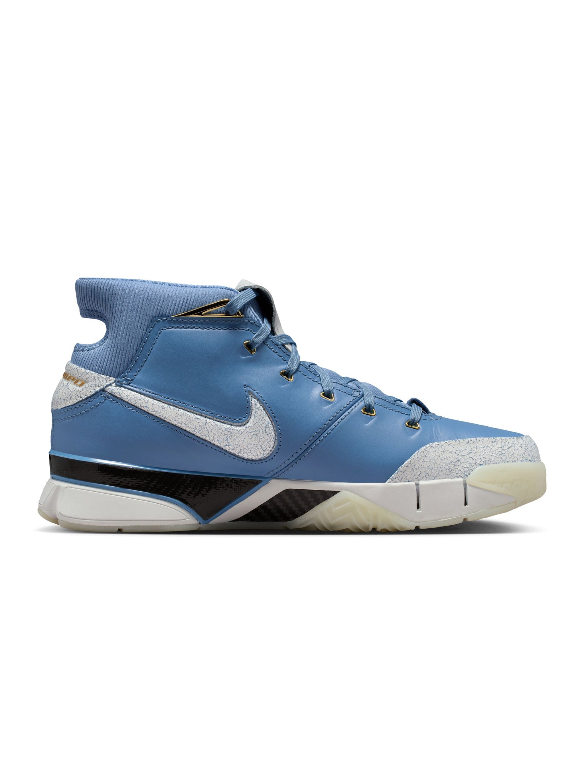 Blue basketball shoe with white swoosh logo on a white background