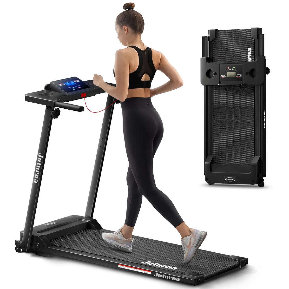Woman walking on a black Juturna-branded treadmill, with an inset showing it folded upright.