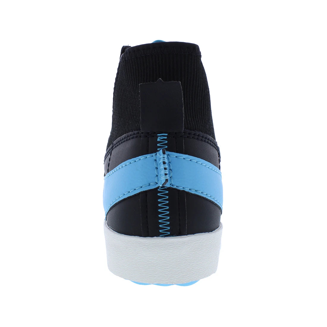A high-top sneaker shown from the back, featuring a black knit upper, a light blue strap across the back, and a white sole.