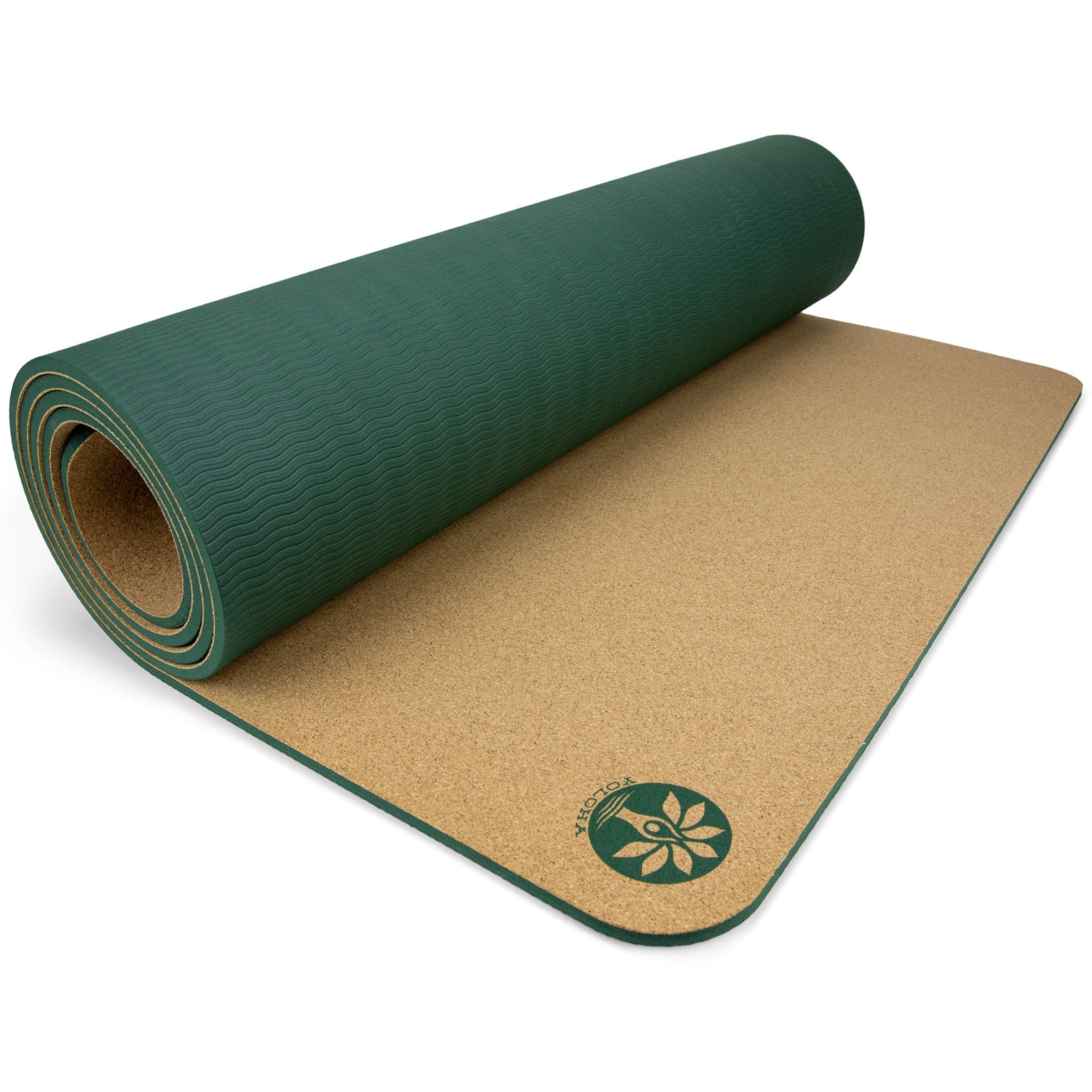 One yoga mats, one side green and one beige with a logo, on a white background