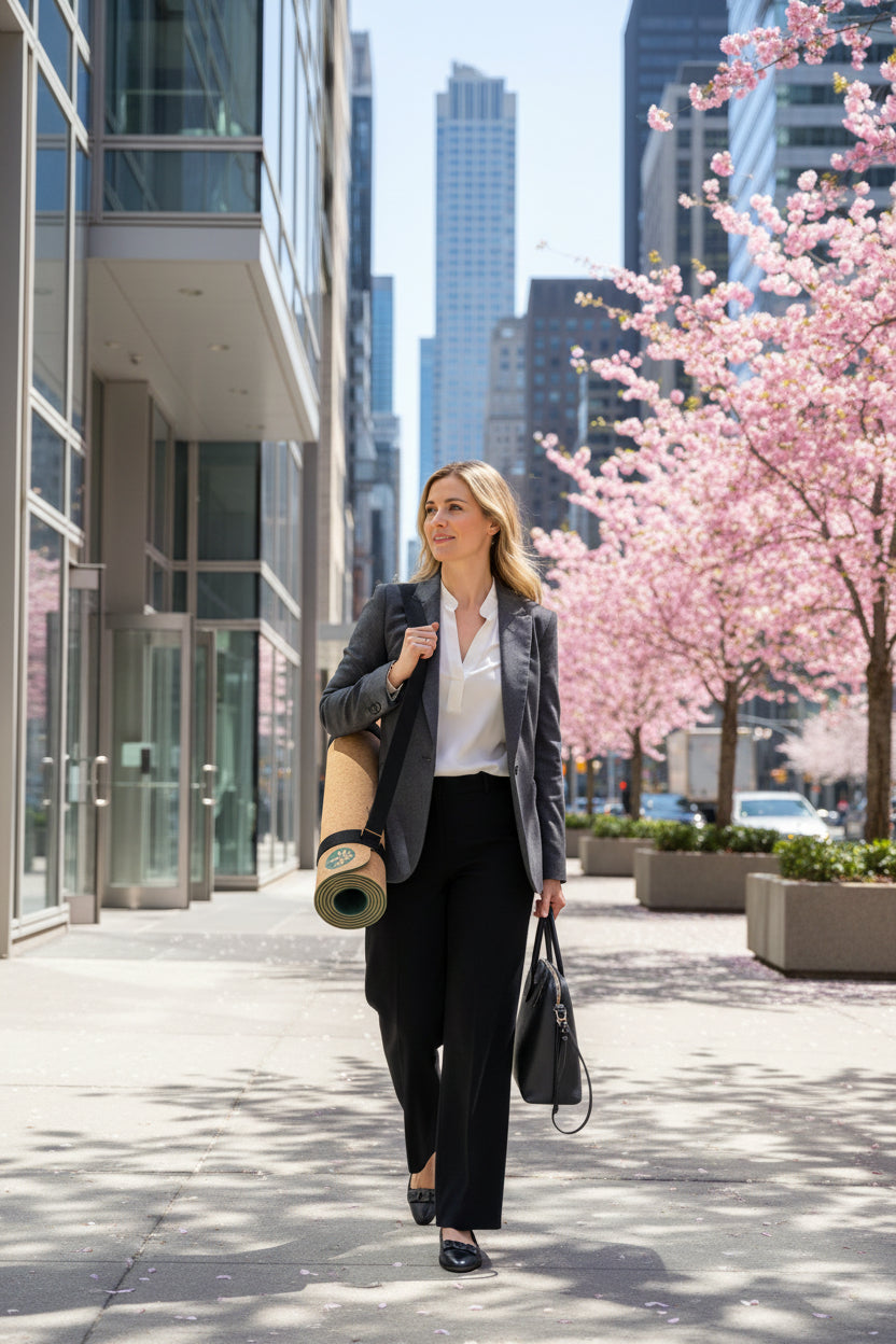 a white female carrying Cork yoga mat with a black strap on a city background