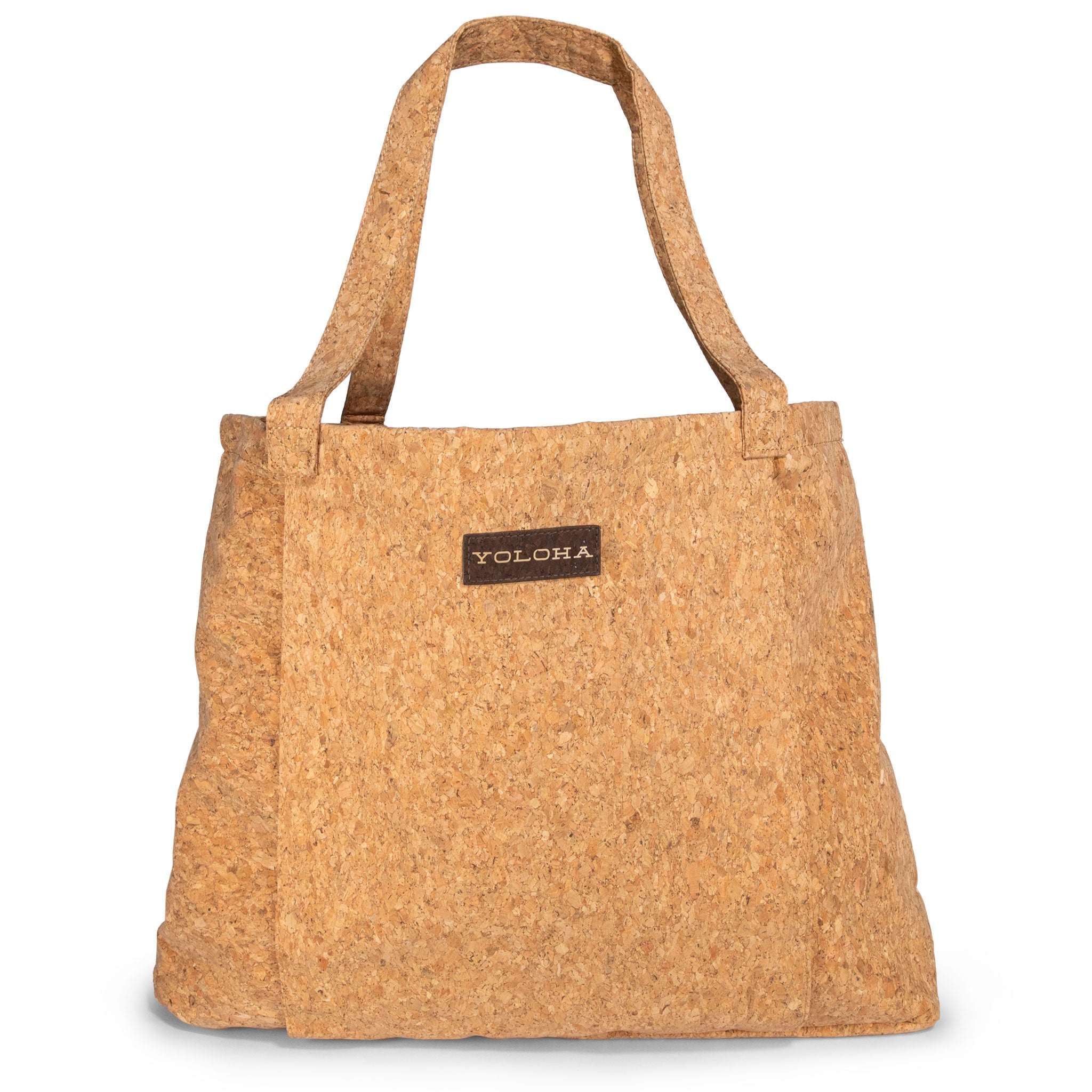 Brown cork tote bag with 'Yoloha' label on a white background