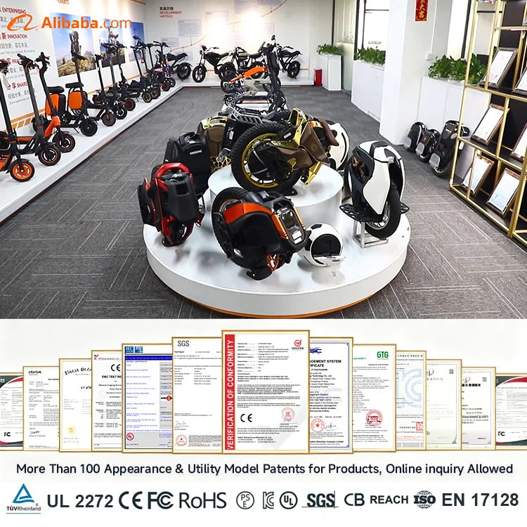 Electric mobility showroom displaying unicycles and scooters above supplier certificates and certification logos.