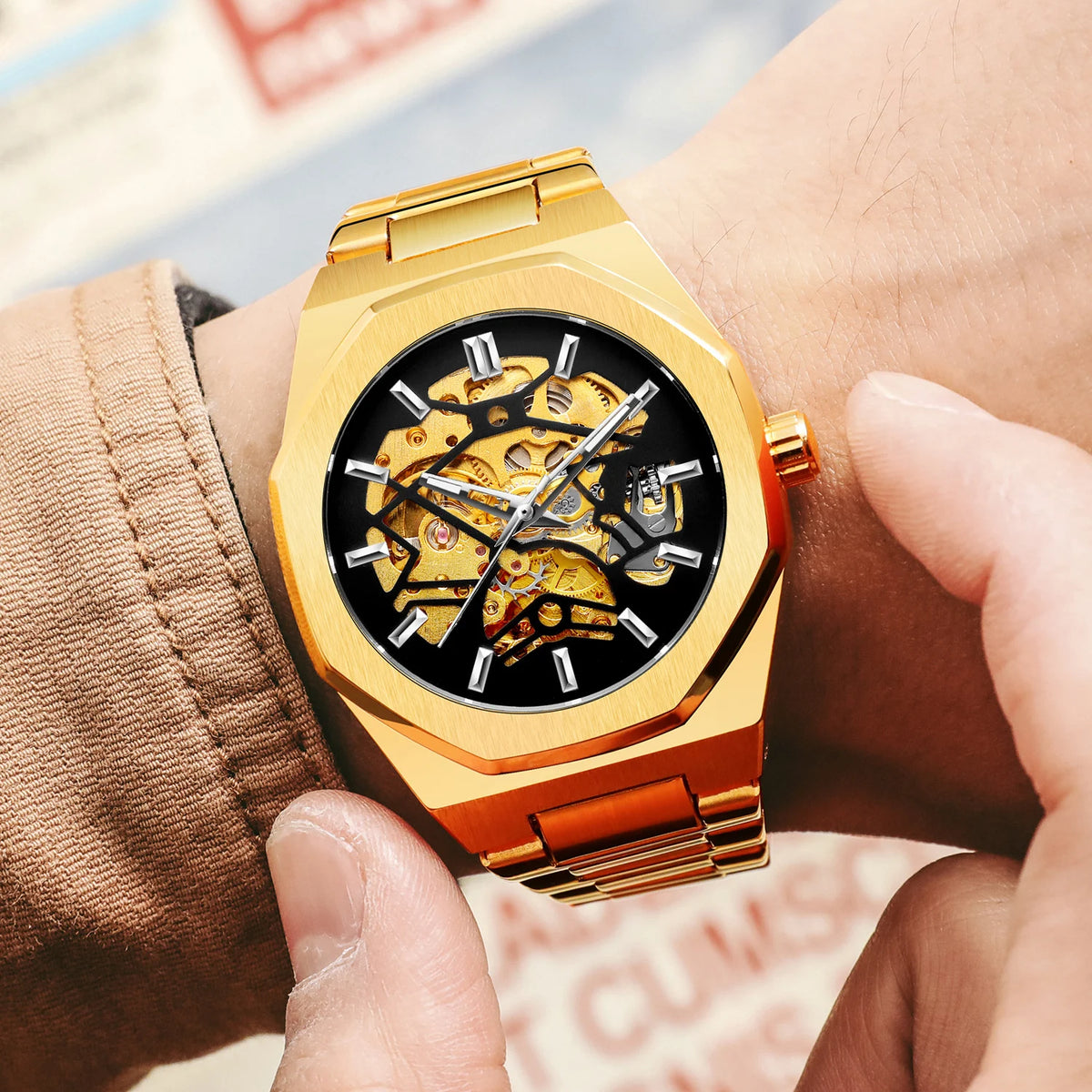 Men’s Skeleton Automatic Watch with Stainless Steel Band