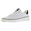 A white low-top sneaker with black and gold accents, shown from a side angle against a plain white background.