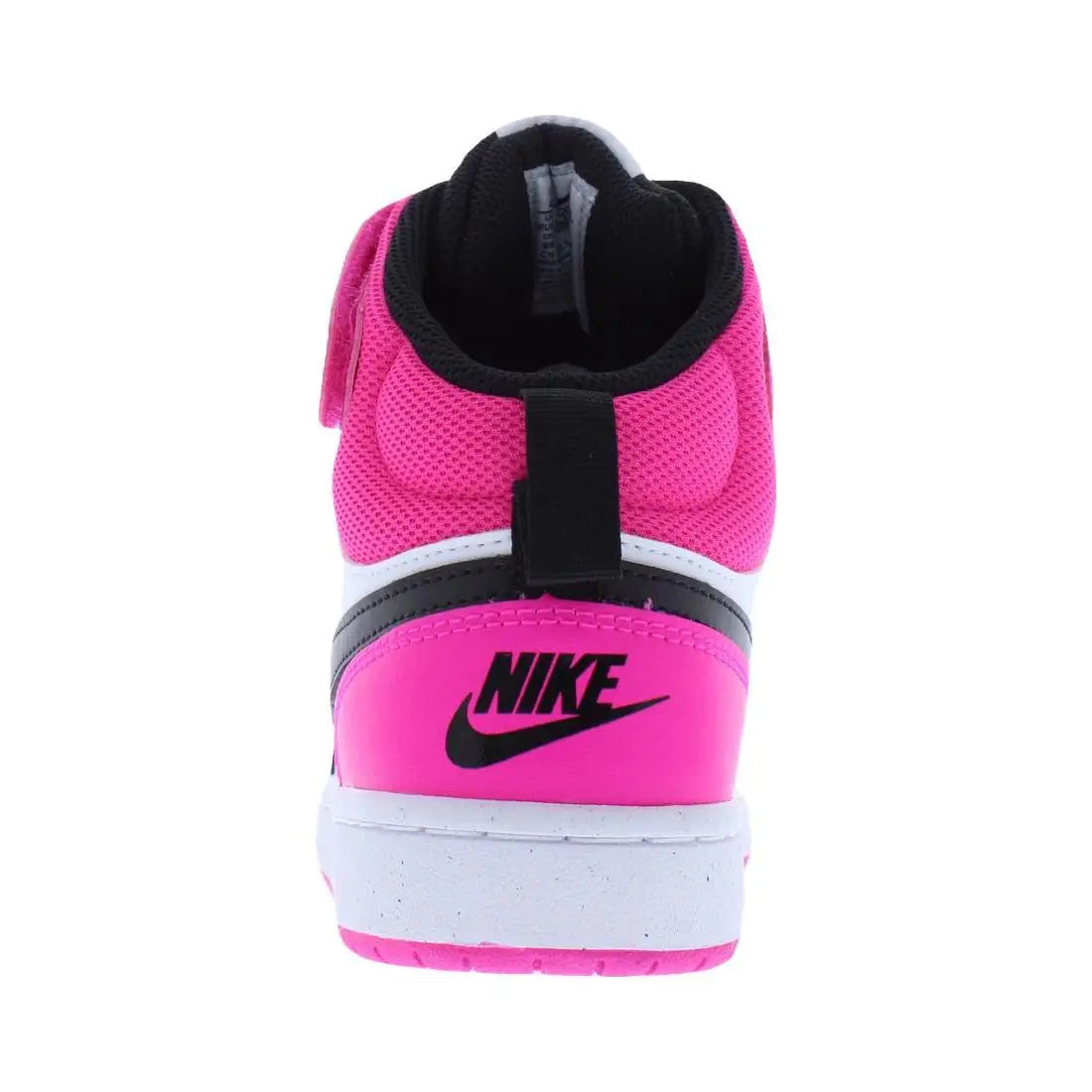 A Nike high-top sneaker shown from the back, featuring a vibrant pink mesh upper, a bright pink heel counter, a black Nike swoosh, and a white midsole.