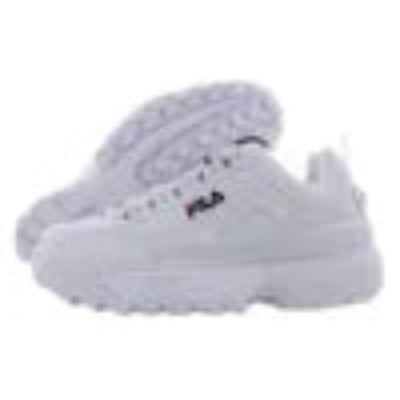 White Fila sneakers with a chunky sole and the brand's signature logo on the side, shown against a plain white background.