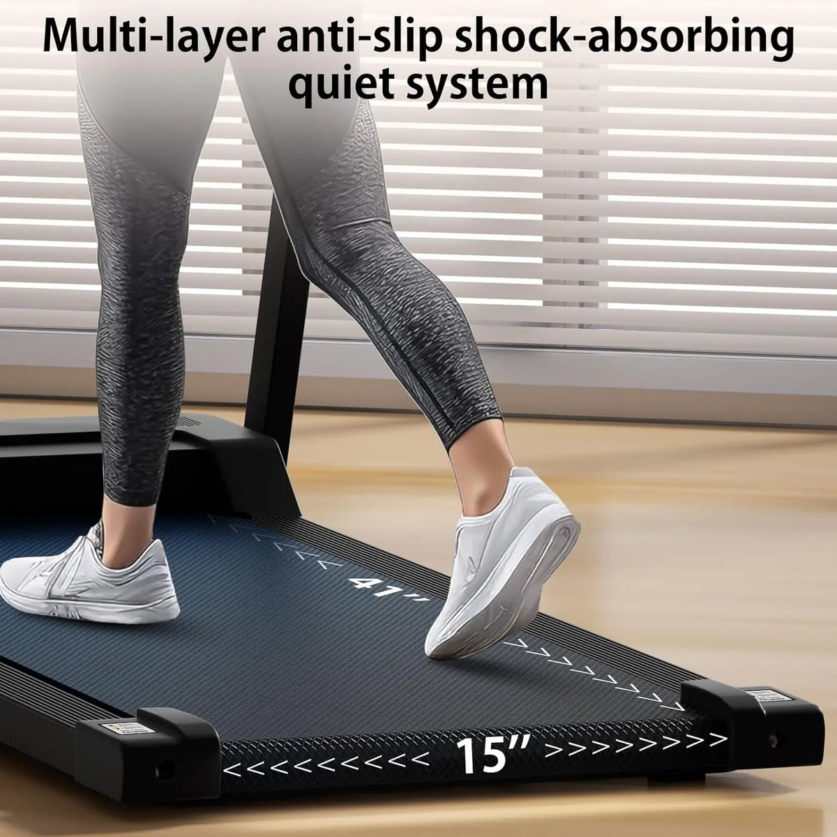 Close-up of a person walking on the treadmill belt, with 15-inch width and 41-inch length labels.