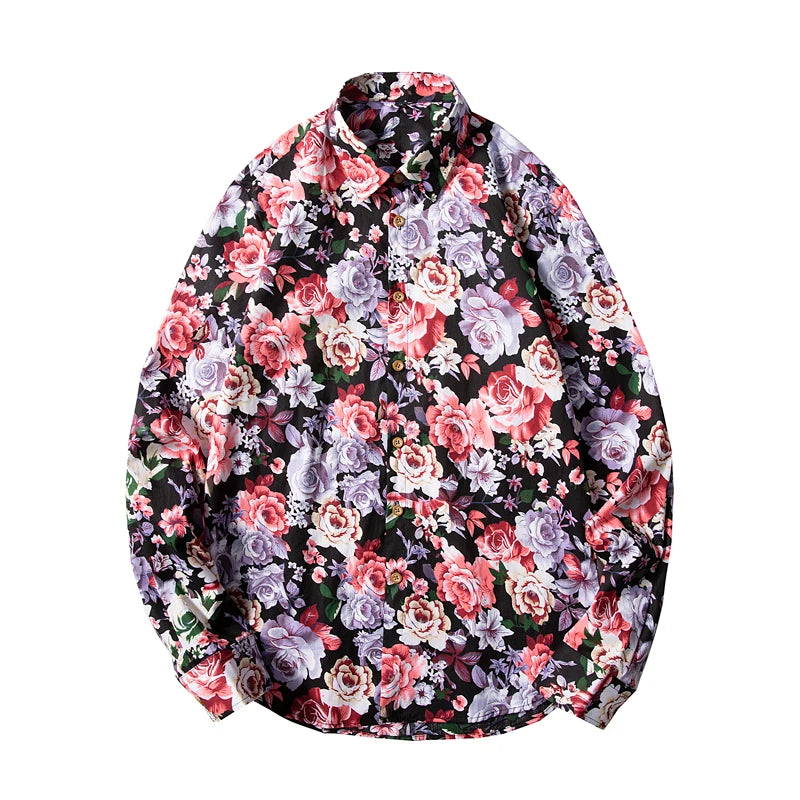 Floral patterned shirt with pink, purple, and green flowers on a black background