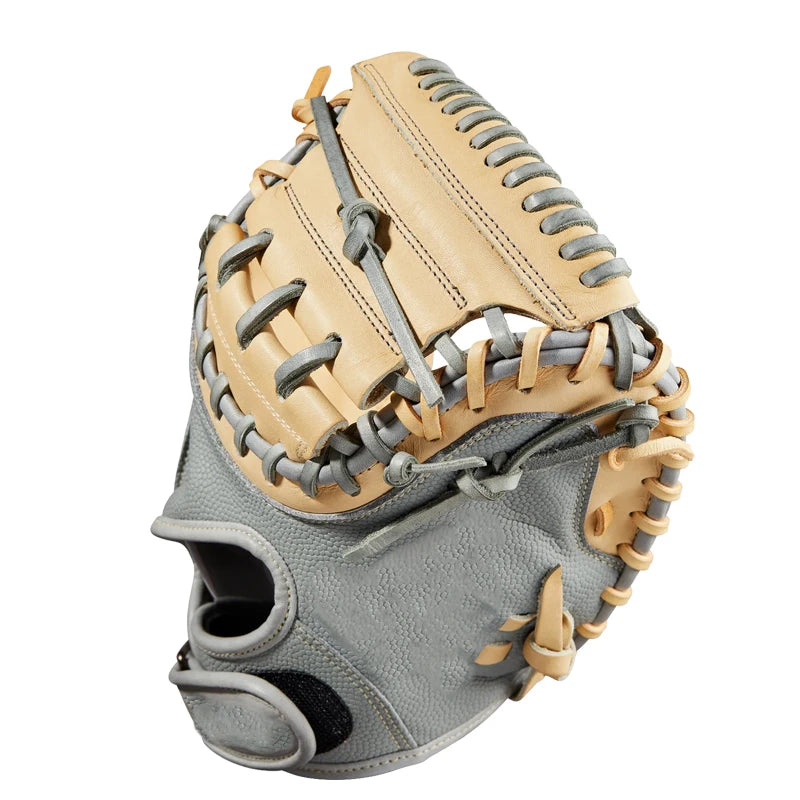 A baseball glove with a light tan leather back and a gray leather palm, featuring gray laces and tan stitching.