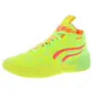 A neon yellow athletic shoe with red and orange graphic accents on the side, shown against a plain white background.