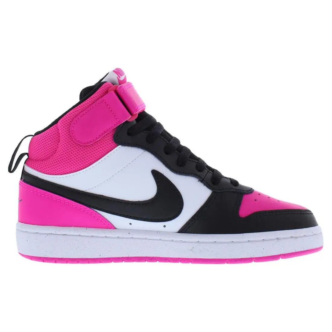 A Nike high-top sneaker in black, white, and bright pink, shown from a side profile view against a plain white background.
