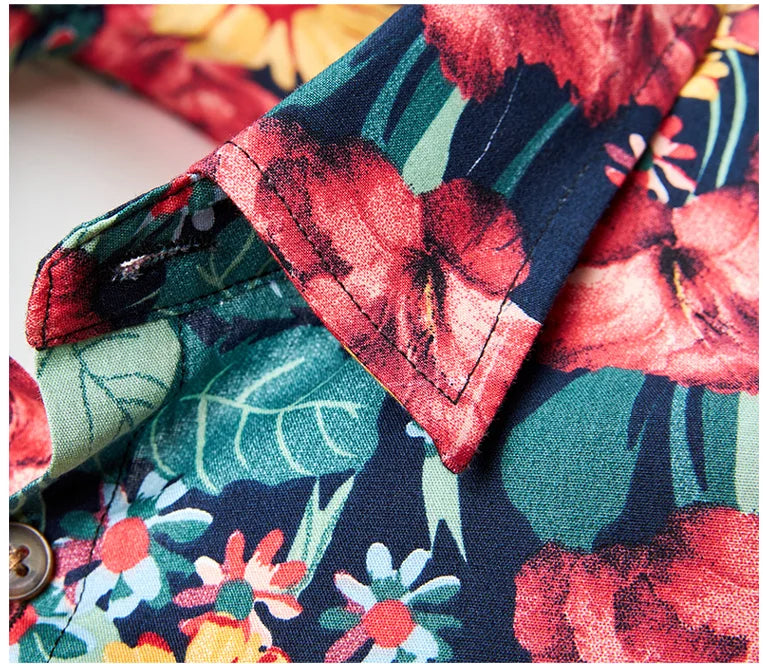 Close-up of a colorful floral shirt with a collar detail.