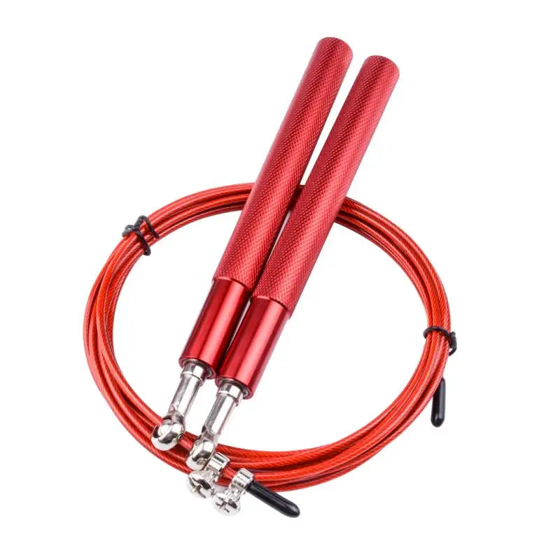 Red jump rope with metal clasps on a white background