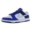 Blue and white sneaker with a prominent brand logo on a white background
