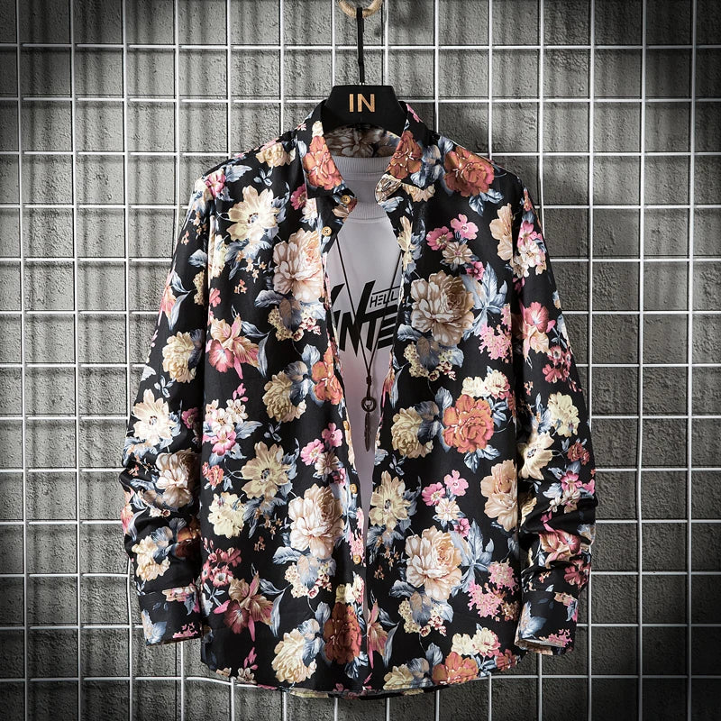 Floral patterned shirt on a hanger against a tiled wall background