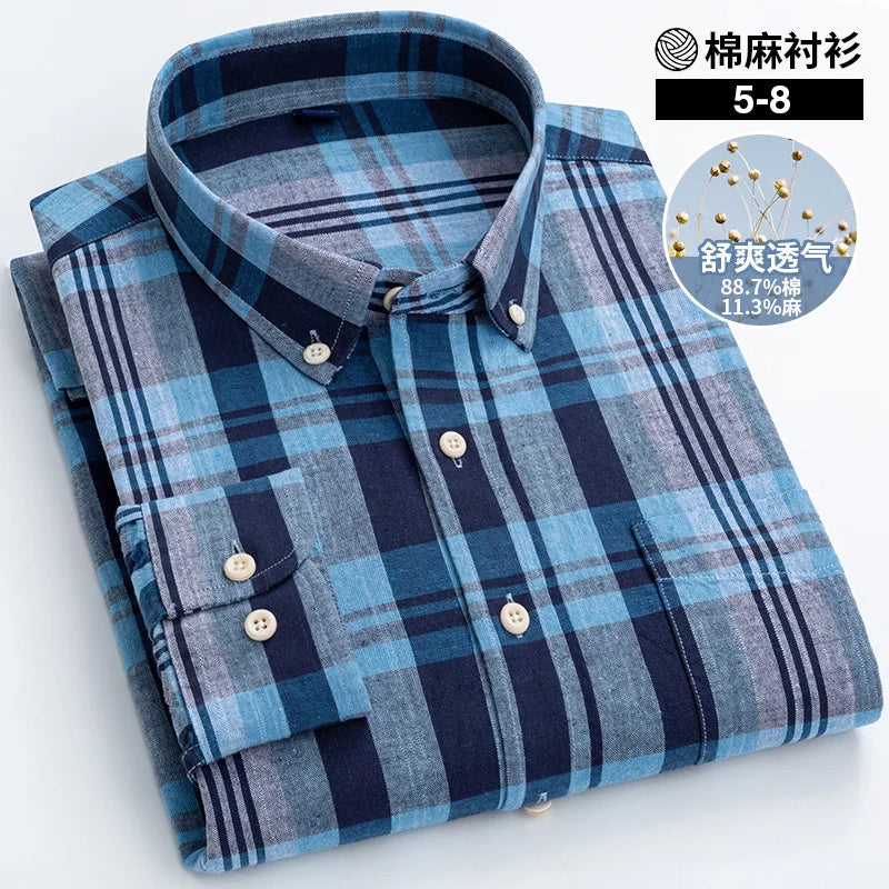 Folded blue and gray plaid shirt on a white background with product details.