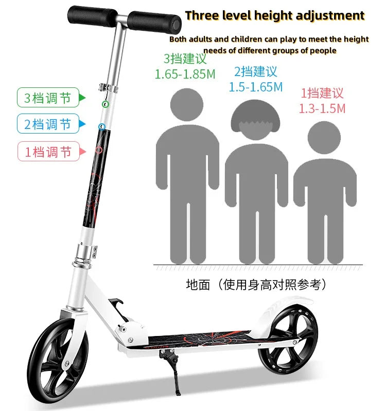 White kick scooter with a diagram showing three handlebar height settings and suggested rider heights.