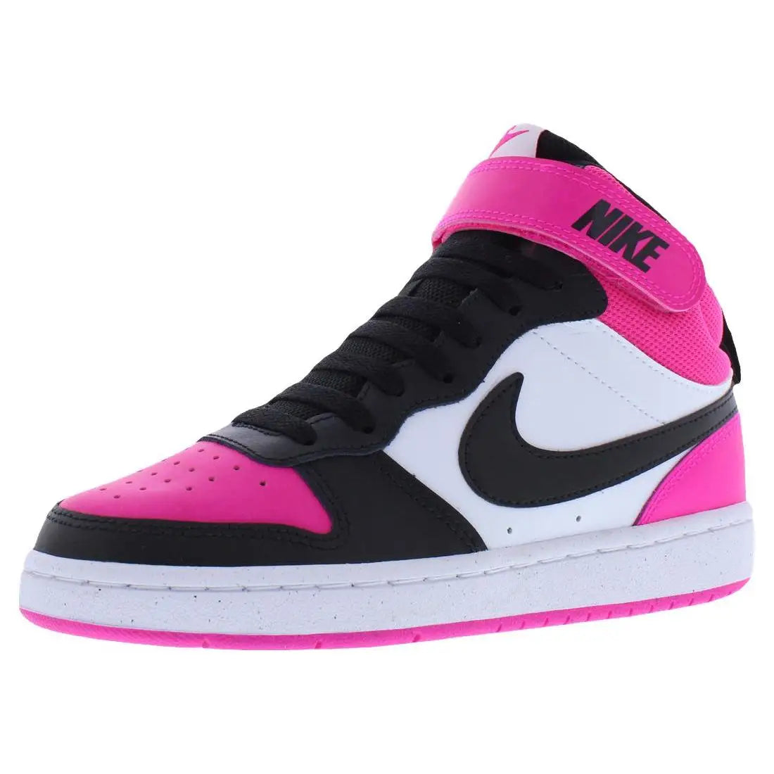A Nike high-top sneaker in black, white, and vibrant pink, featuring a black Swoosh on a white side panel, a pink ankle strap with black Nike branding, and a pink outsole.