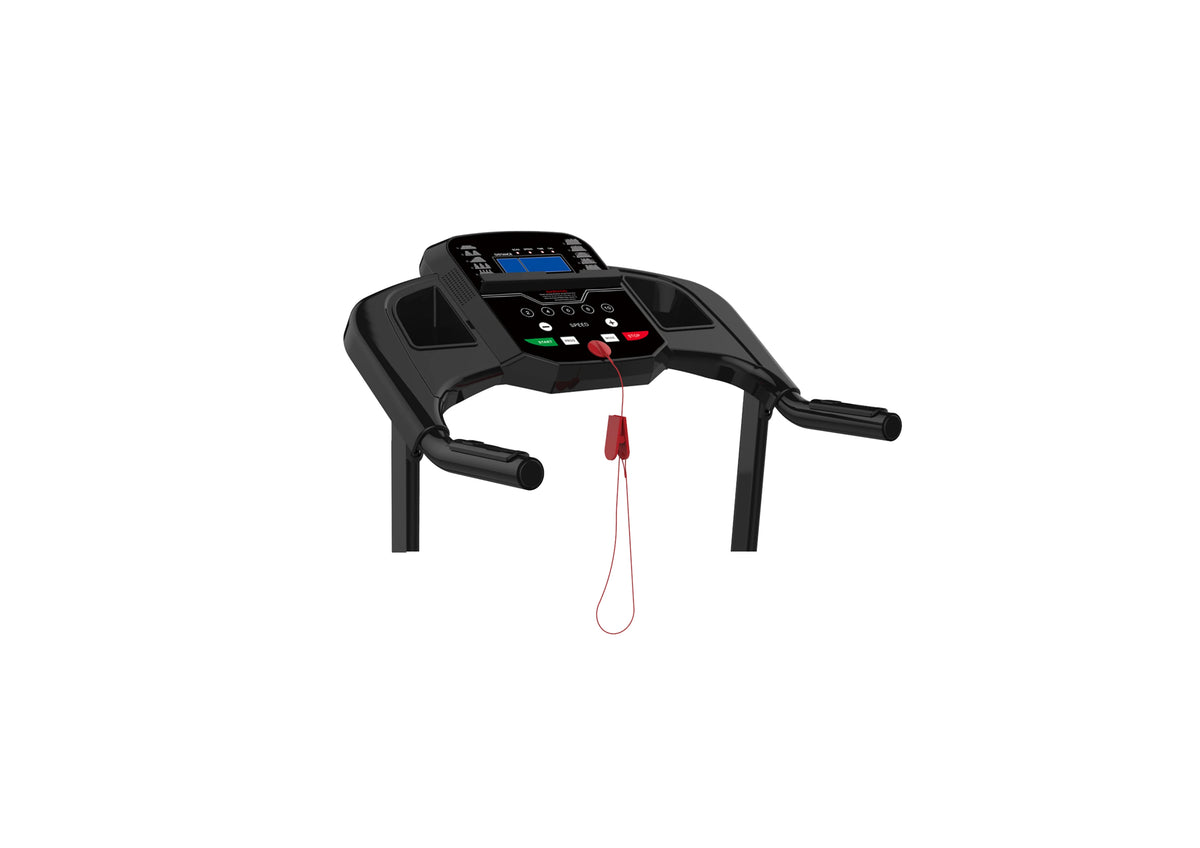 Close-up of the treadmill console showing the digital display, control buttons, handrails and red safety-key cord.