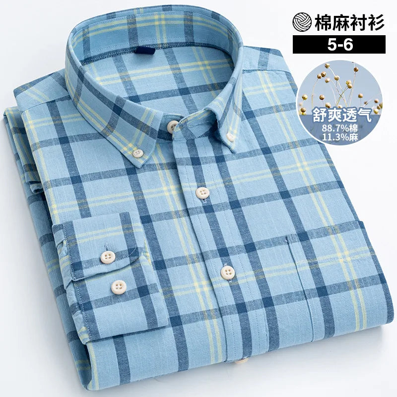 Blue plaid shirt on a white background with text and graphics.