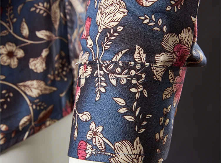 Floral-patterned fabric with a dark blue background