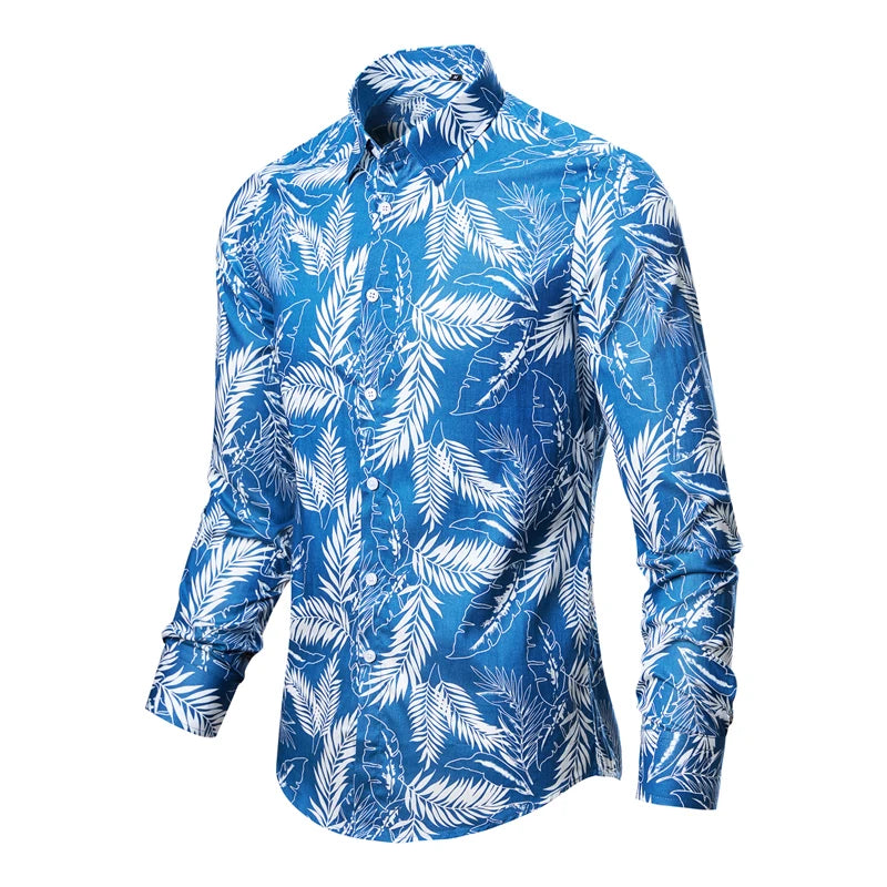 Blue shirt with white leaf pattern on a white background