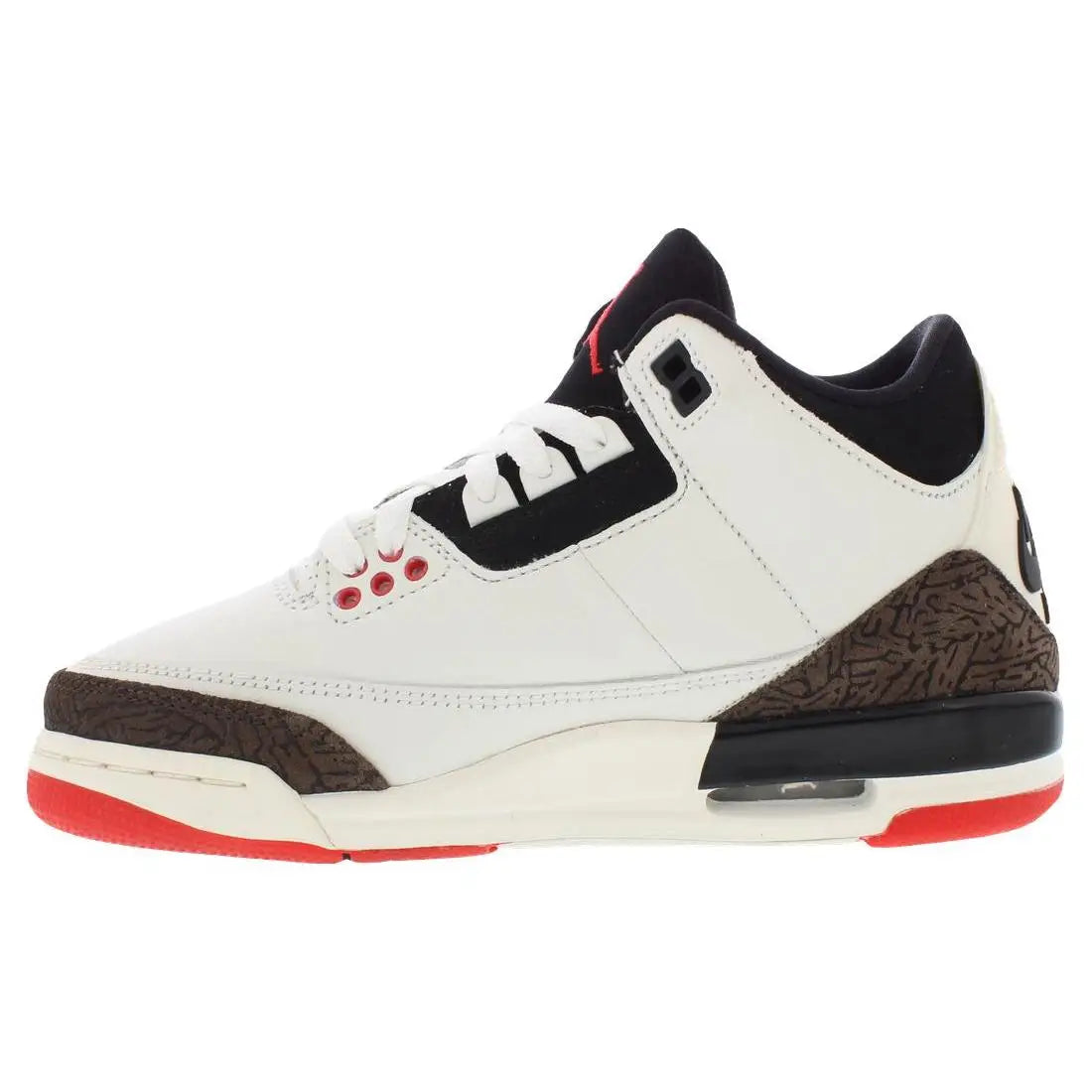 A white Air Jordan 3 Retro Low sneaker with black overlays, a brown textured elephant print toe and heel, and red accents on the laces and outsole.
