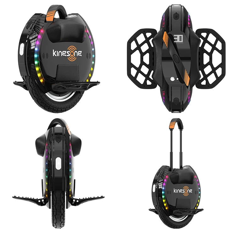 Four views of a black KingSong electric unicycle showing pedals, multicolor side lights and an extended trolley handle.