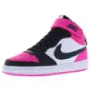 A Nike Air Jordan 1 High sneaker in black, pink, and white, featuring a black leather upper with pink overlays, a black Swoosh, and a white midsole with pink accents.