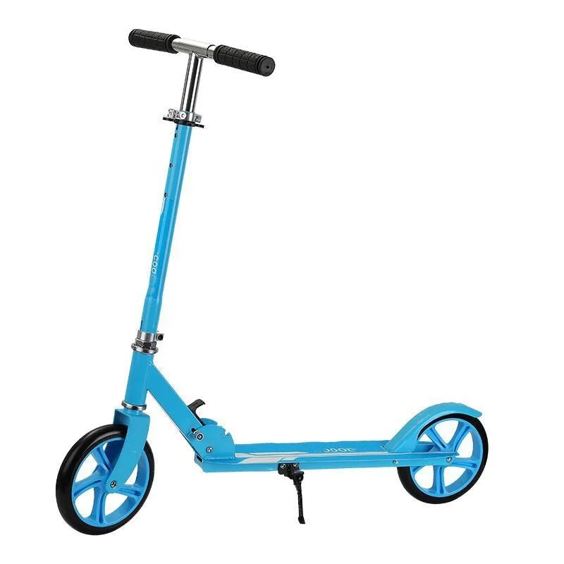 Sky blue kick scooter with black handlebar grips, matching wheels and an extended kickstand.