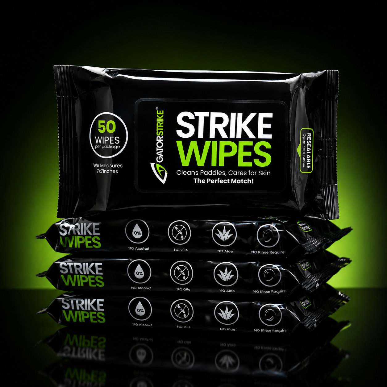 Packaging of Strike Wipes with branding and product details on a dark background