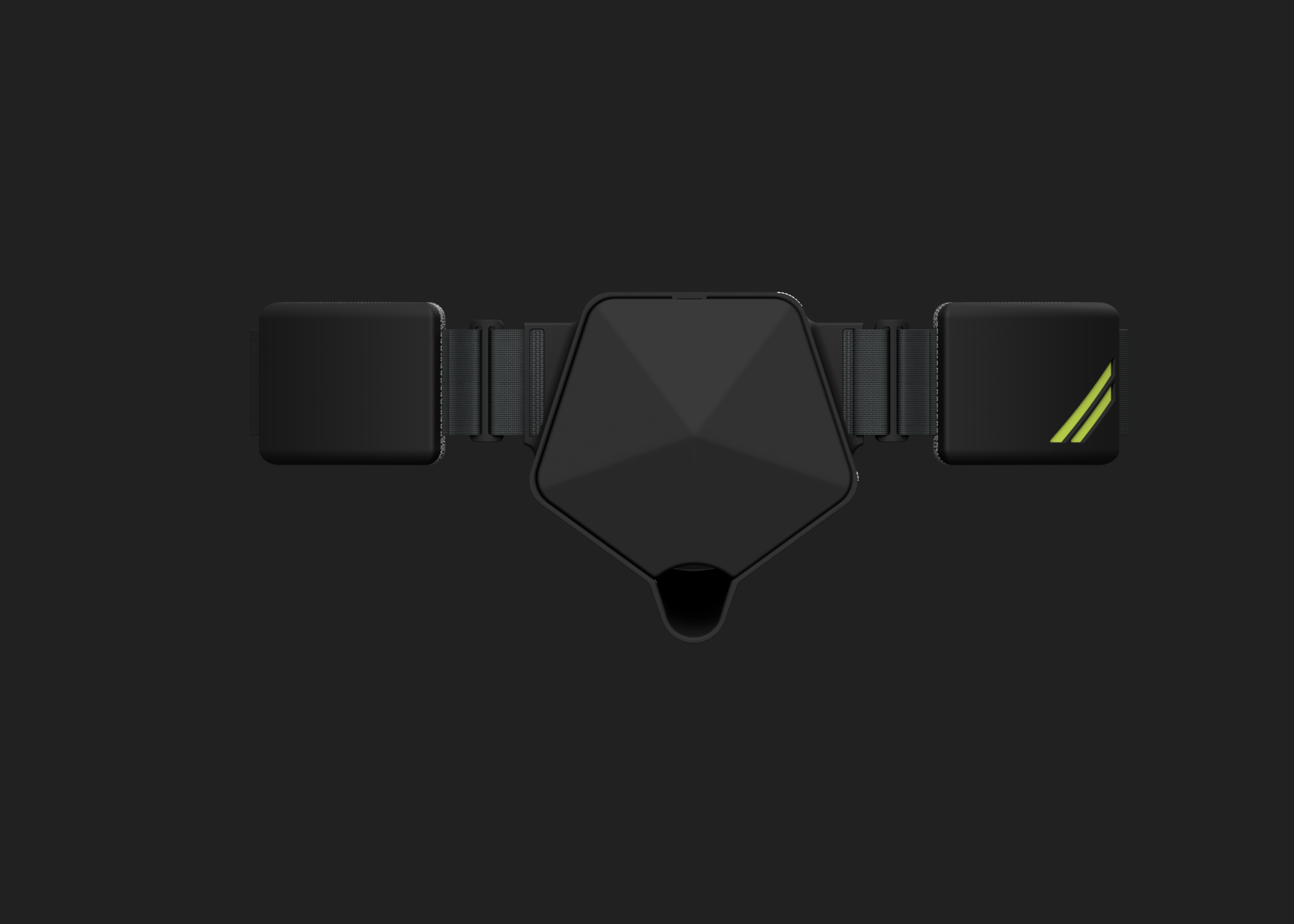 Black electronic device with a central hexagonal component on a black background