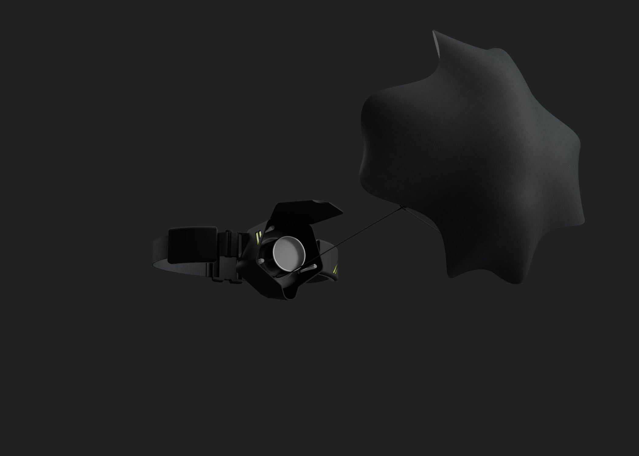 Black speed parachute with a black canopy on a dark background
