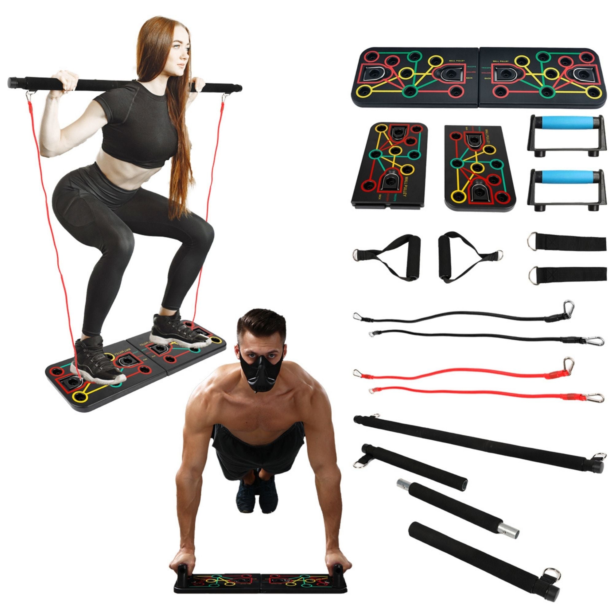 Assorted fitness equipment including resistance bands, exercise mats, and pull-up bars on a white background.